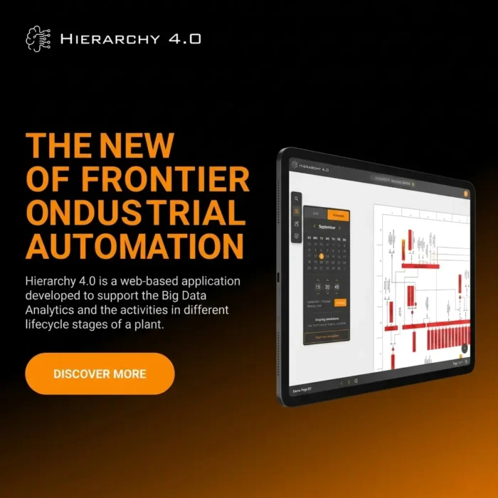 Hierarchy 4.0 web-based application interface displayed on a tablet for big data analytics in industrial automation.
