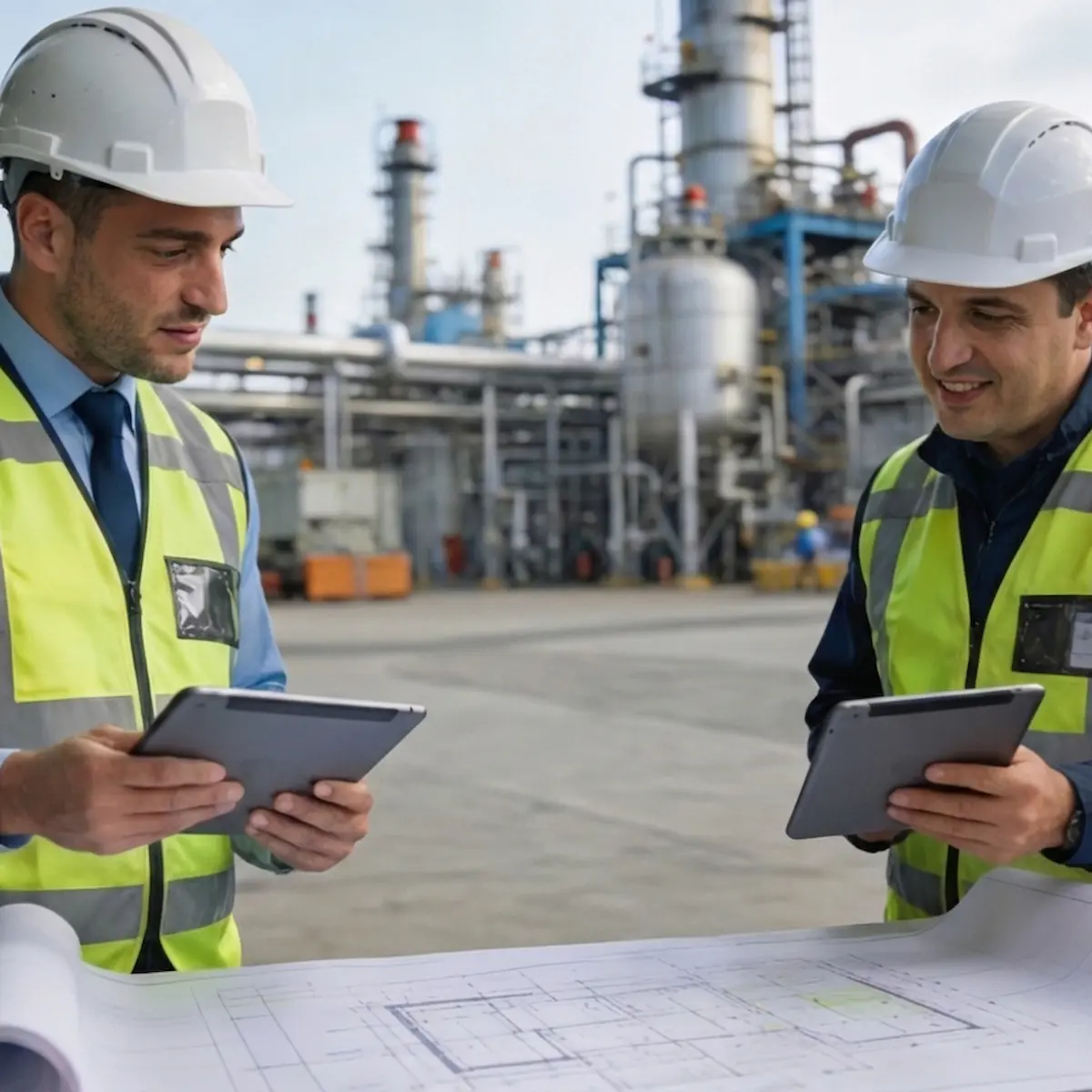 Industrial professionals collaborating on plans and using digital tablets with a refinery complex in the background.