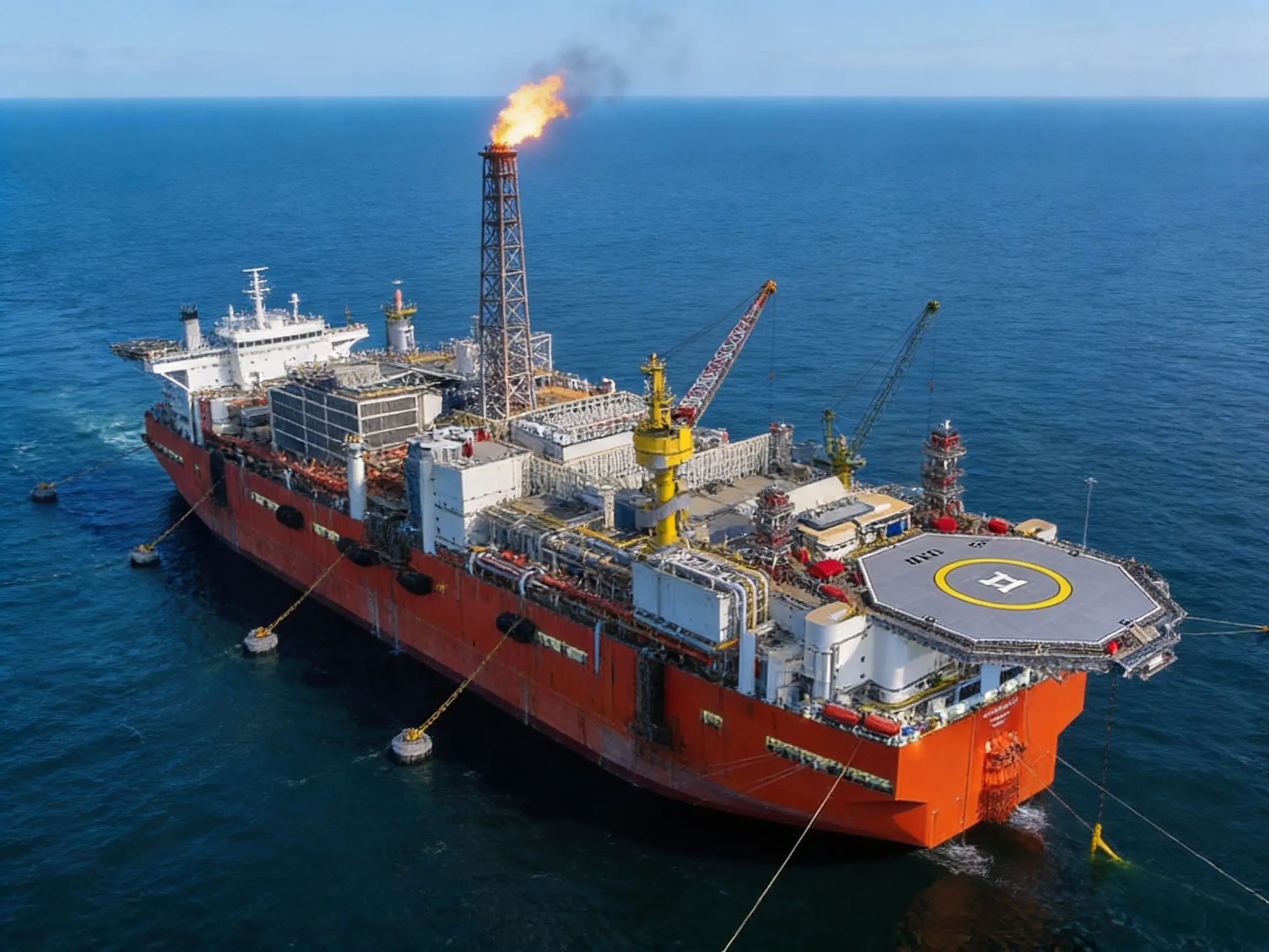 Aerial view of a large red FPSO production ship with an active gas flare and helipad anchored in the open ocean.