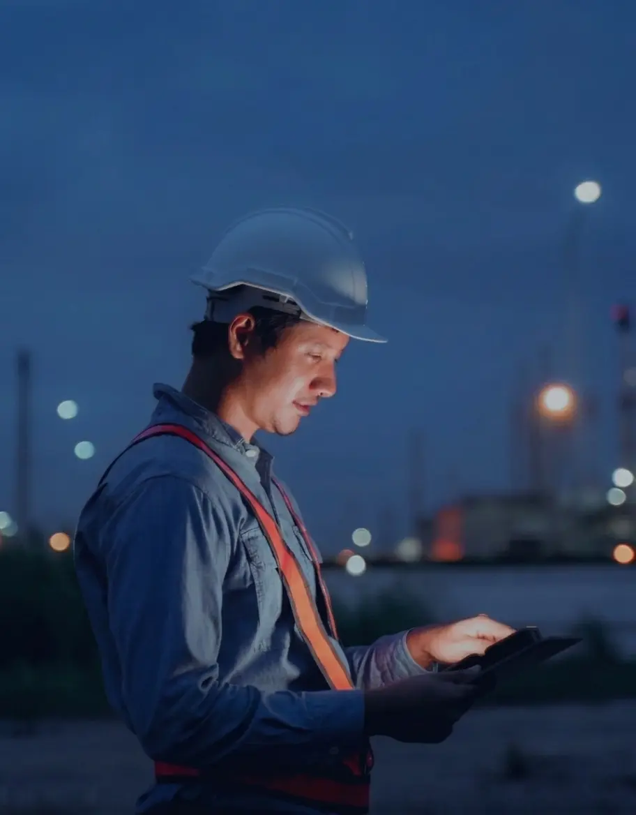 Engineer in hard hat and safety vest using a digital tablet for field inspection at night with industrial lights in the background.